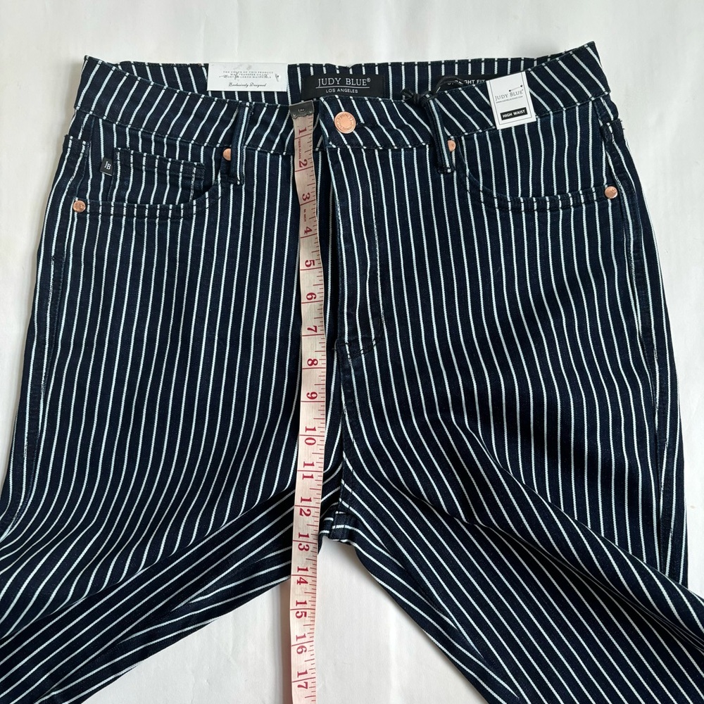 Judy Blue Tummy Control Striped Blue White Straight Leg Jeans Size 15/32 - Picture 15 of 17